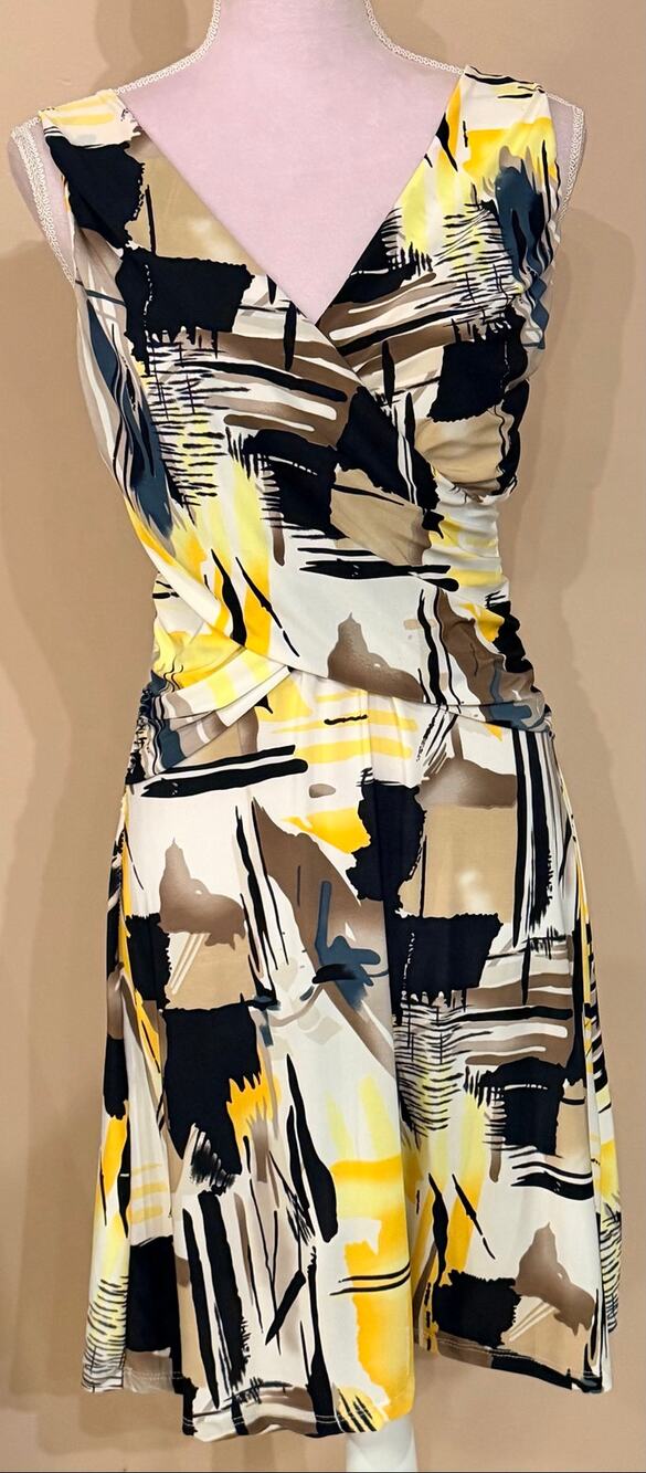 Women's Sleeveless V-Neck Midi Dress Y/BLK Abstract Art Print Wrap Look Size S/M
